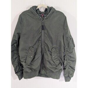 Vintage Alpha Industries Bomber Jacket Hooded Mens Size Large Army Green